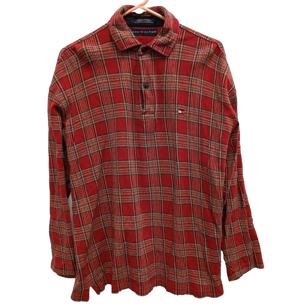 Vintage 90s Tommy Hilfiger Polo Shirt Mens Medium Red‎ Plaid Long Sleeve Preppy